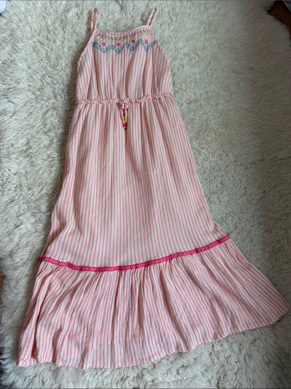 Jessica Simpson Girls' Pink Striped Maxi Boho Dress with Embroidered Yoke 10/12